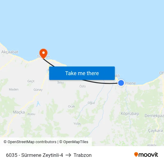 6035 - Sürmene Zeytinli-4 to Trabzon map