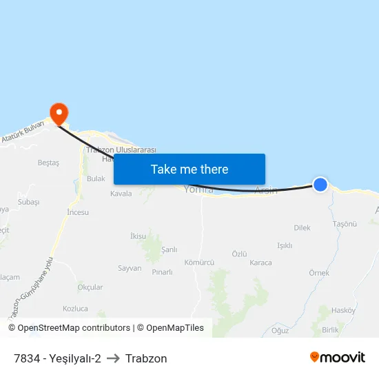 7834 - Yeşilyalı-2 to Trabzon map