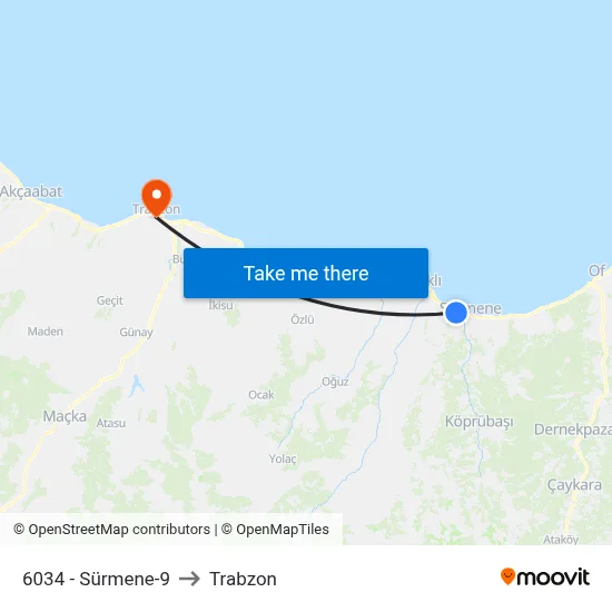 6034 - Sürmene-9 to Trabzon map