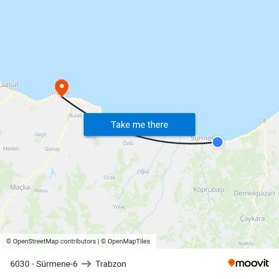 6030 - Sürmene-6 to Trabzon map