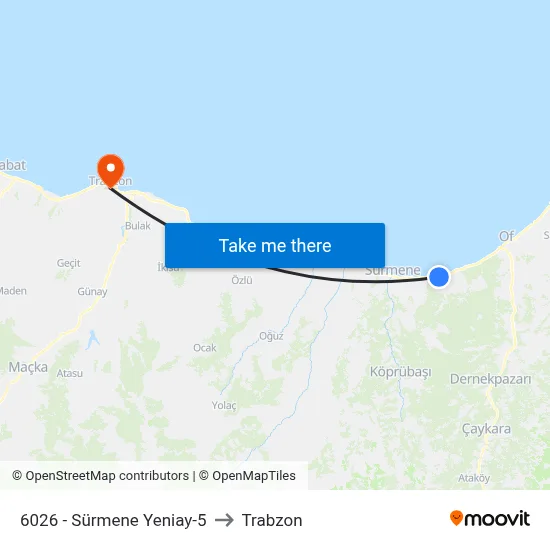 6026 - Sürmene Yeniay-5 to Trabzon map