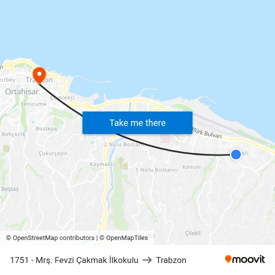 1751 - Mrş. Fevzi Çakmak İlkokulu to Trabzon map