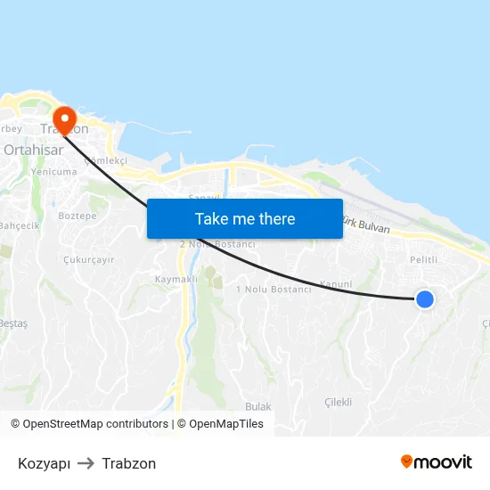 Kozyapı to Trabzon map