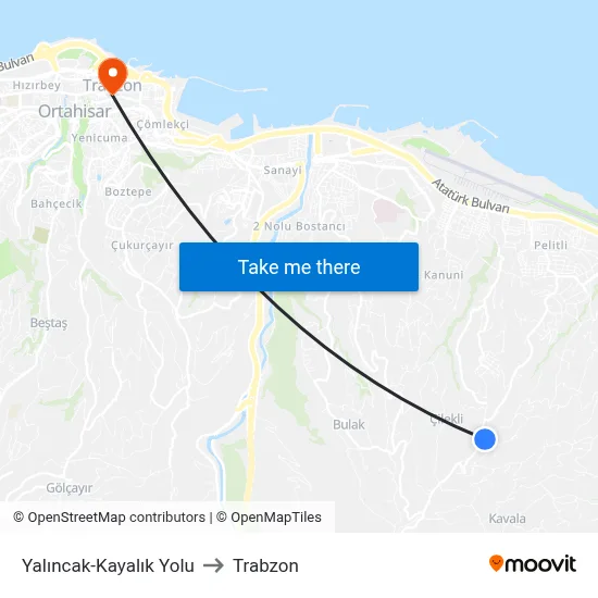 Yalıncak-Kayalık Yolu to Trabzon map