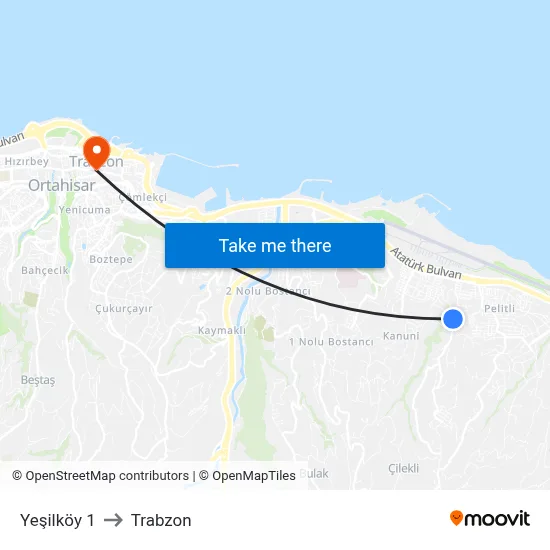 Yeşilköy 1 to Trabzon map