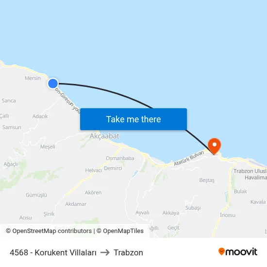 4568 - Korukent Villaları to Trabzon map