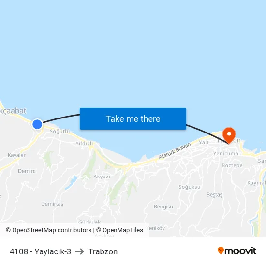 4108 - Yaylacık-3 to Trabzon map