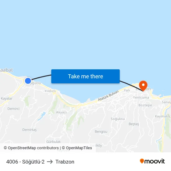 4006 - Söğütlü-2 to Trabzon map