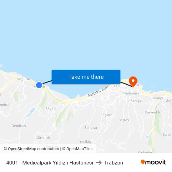 4001 - Medicalpark Yıldızlı Hastanesi to Trabzon map