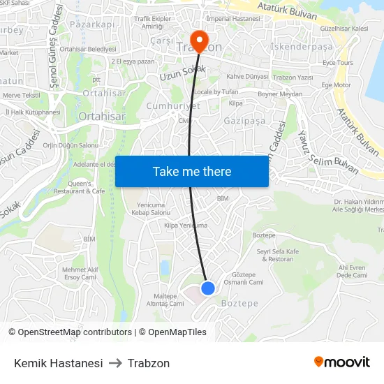 Kemik Hastanesi to Trabzon map