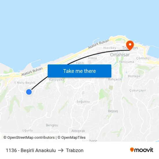 1136 - Beşirli Anaokulu to Trabzon map