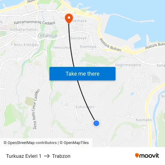 Turkuaz Evleri 1 to Trabzon map