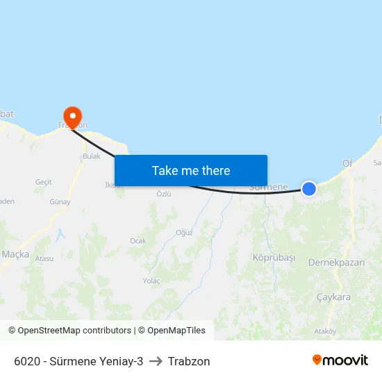 6020 - Sürmene Yeniay-3 to Trabzon map