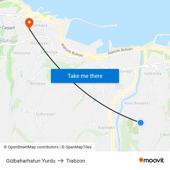 Gülbaharhatun Yurdu to Trabzon map