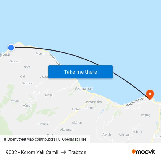 9002 - Kerem Yalı Camii to Trabzon map