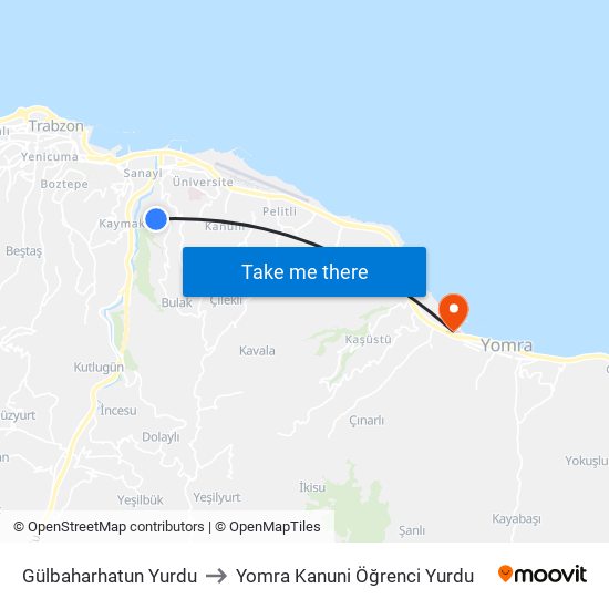 Gülbaharhatun Yurdu to Yomra Kanuni Öğrenci Yurdu map