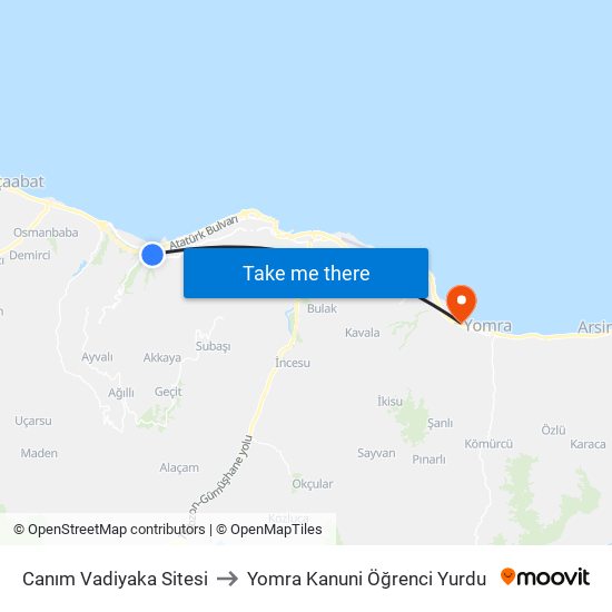 Canım Vadiyaka Sitesi to Yomra Kanuni Öğrenci Yurdu map