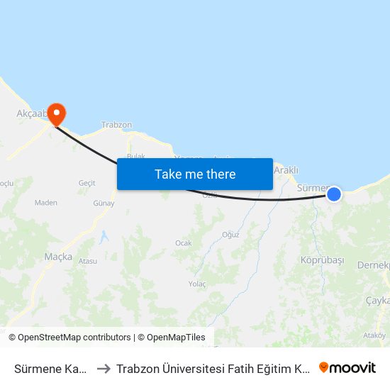 Sürmene Kavşak to Trabzon Üniversitesi Fatih Eğitim Kampüsü map