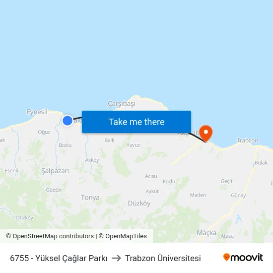 6755 - Yüksel Çağlar Parkı to Trabzon Üniversitesi map
