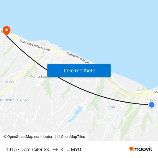 1315 - Demirciler Sk. to KTU MYO map