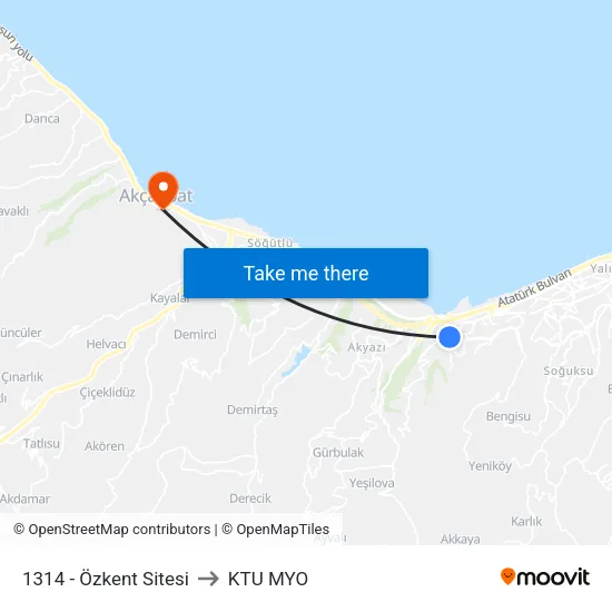 1314 - Özkent Sitesi to KTU MYO map