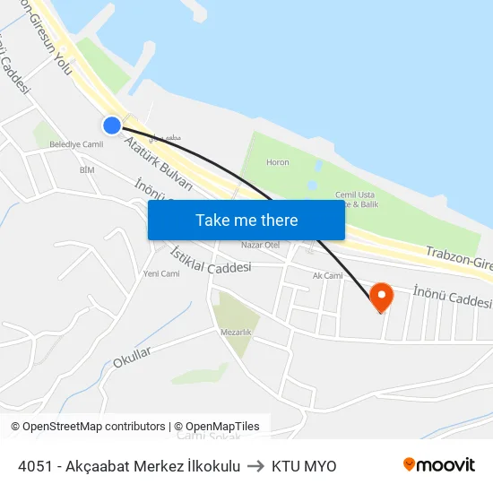 4051 - Akçaabat Merkez İlkokulu to KTU MYO map