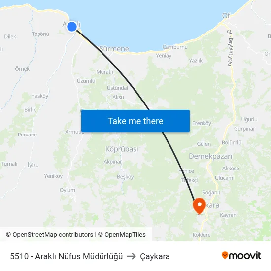 5510 - Araklı Nüfus Müdürlüğü to Çaykara map