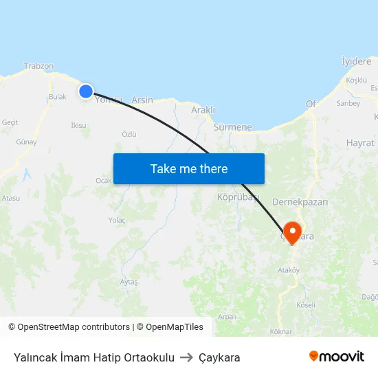 Yalıncak İmam Hatip Ortaokulu to Çaykara map