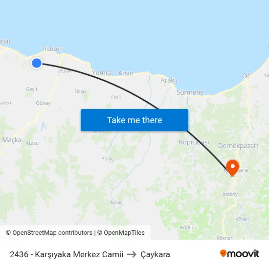 2436 - Karşıyaka Merkez Camii to Çaykara map