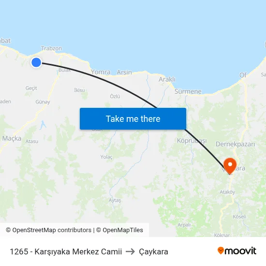 1265 - Karşıyaka Merkez Camii to Çaykara map