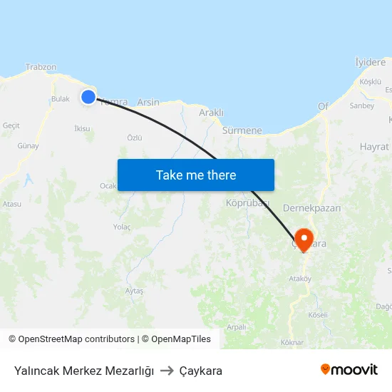Yalıncak Merkez Mezarlığı to Çaykara map