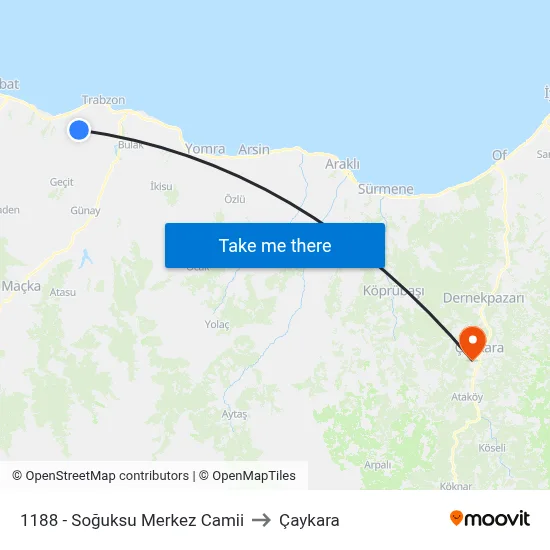 1188 - Soğuksu Merkez Camii to Çaykara map