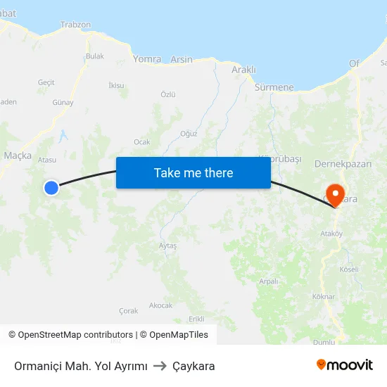 Ormaniçi Mah. Yol Ayrımı to Çaykara map