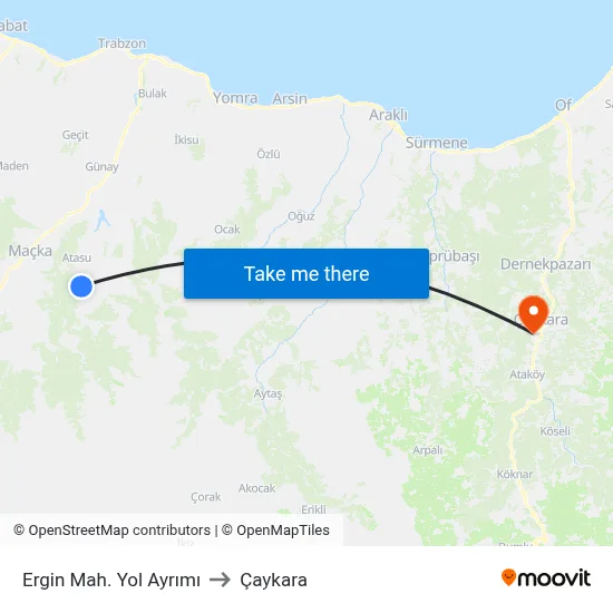 Ergin Mah. Yol Ayrımı to Çaykara map