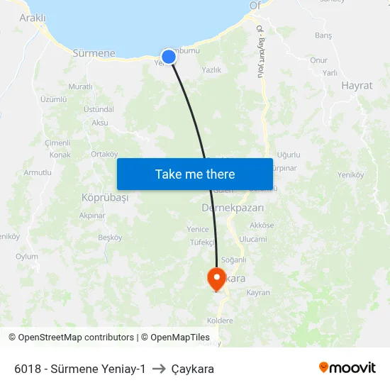 6018 - Sürmene Yeniay-1 to Çaykara map