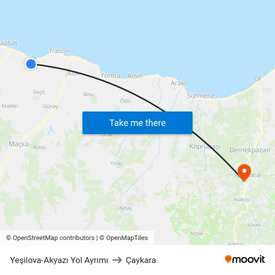 Yeşilova-Akyazı Yol Ayrımı to Çaykara map