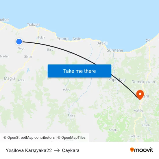 Yeşilova Karşıyaka22 to Çaykara map
