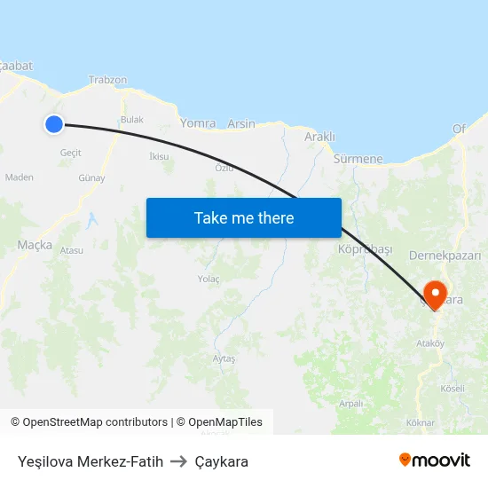 Yeşilova Merkez-Fatih to Çaykara map