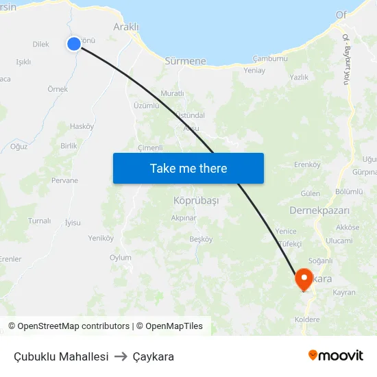 Çubuklu Mahallesi to Çaykara map