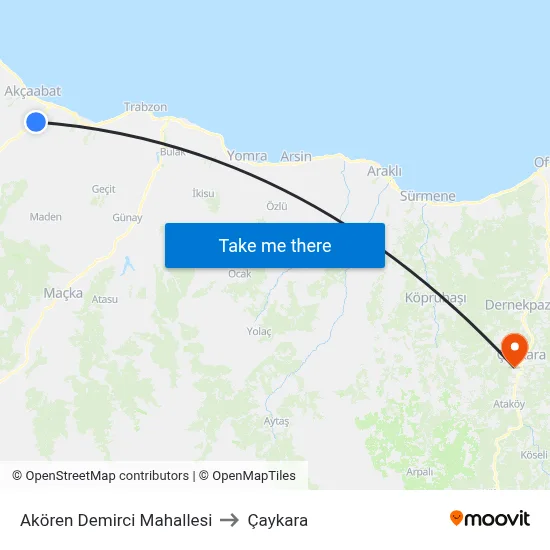 Akören Demirci Mahallesi to Çaykara map