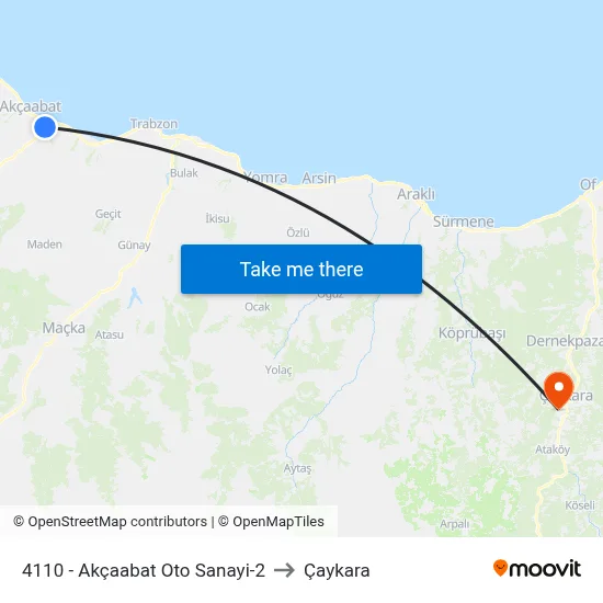 4110 - Akçaabat Oto Sanayi-2 to Çaykara map