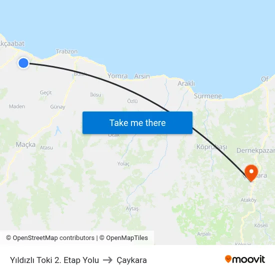 Yıldızlı Toki 2. Etap Yolu to Çaykara map