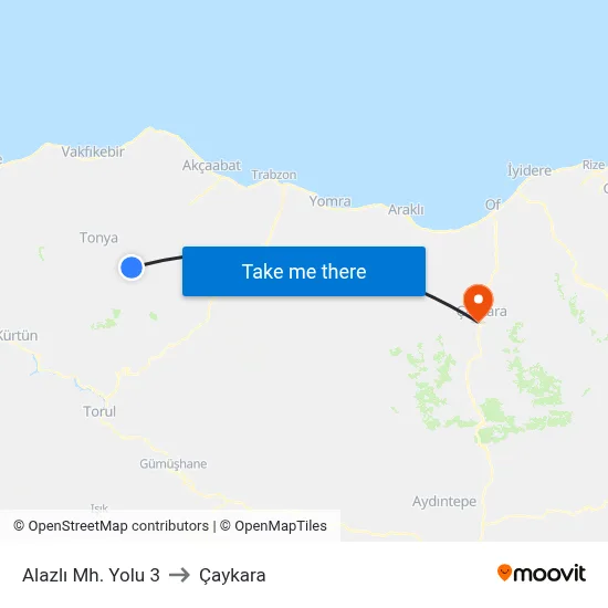 Alazlı Mh. Yolu 3 to Çaykara map