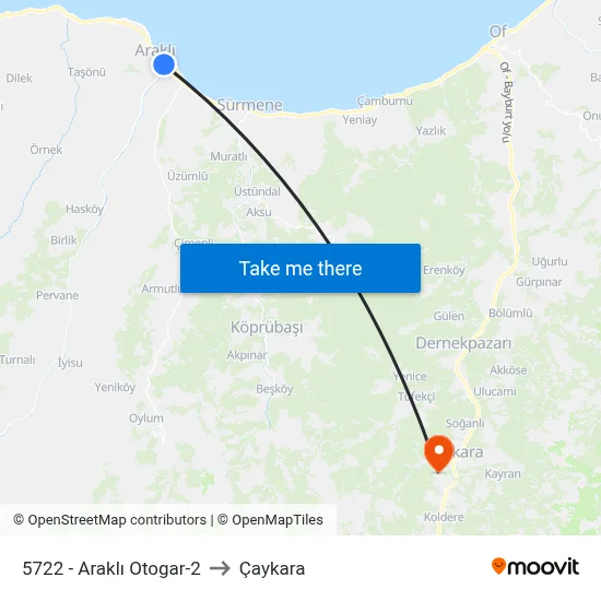 5722 - Araklı Otogar-2 to Çaykara map