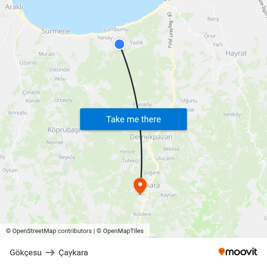Gökçesu to Çaykara map