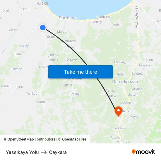 Yassıkaya Yolu to Çaykara map