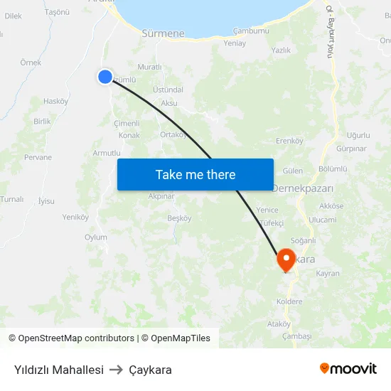 Yıldızlı Mahallesi to Çaykara map