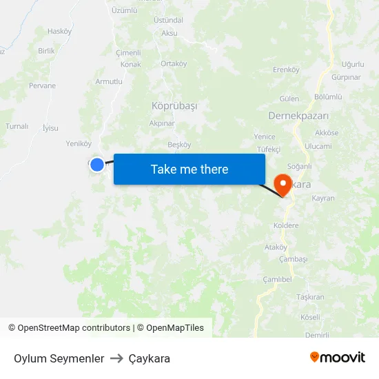 Oylum Seymenler to Çaykara map