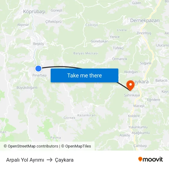 Arpalı Yol Ayrımı to Çaykara map