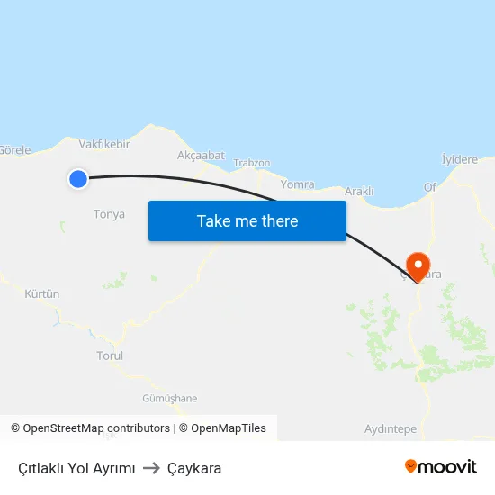 Çıtlaklı Yol Ayrımı to Çaykara map